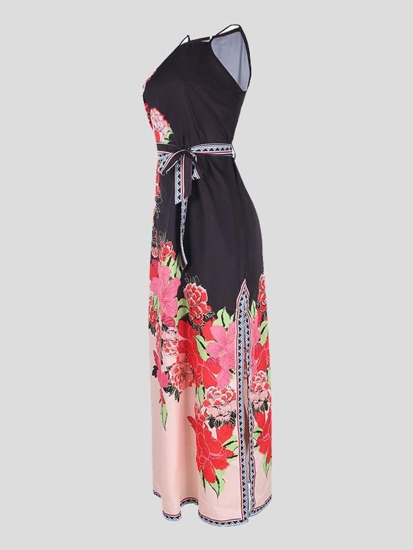 Fashion Printed High-waist Lace-up Halter Dress