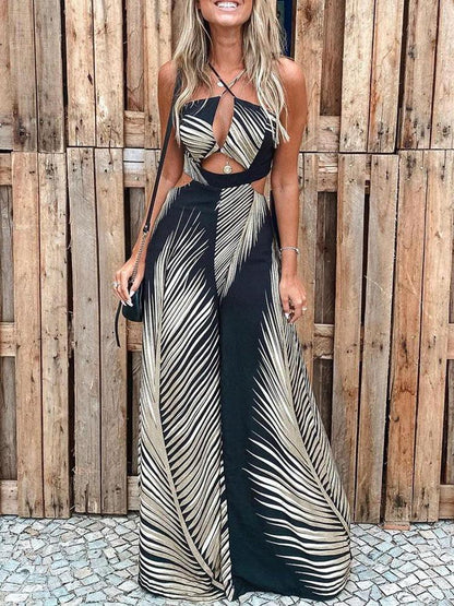 Fashion Printed Hollow Halter Wide-leg Jumpsuit