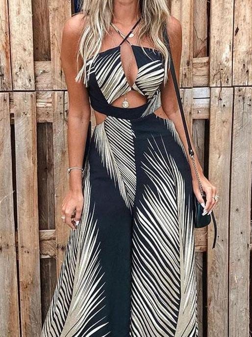 Fashion Printed Hollow Halter Wide-leg Jumpsuit for Women