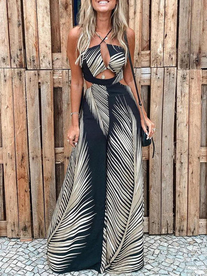 Fashion Printed Hollow Halter Wide-leg Jumpsuit for Women