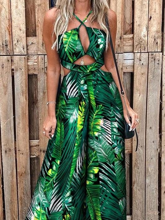 Fashion Printed Hollow Halter Wide-leg Jumpsuit for Women