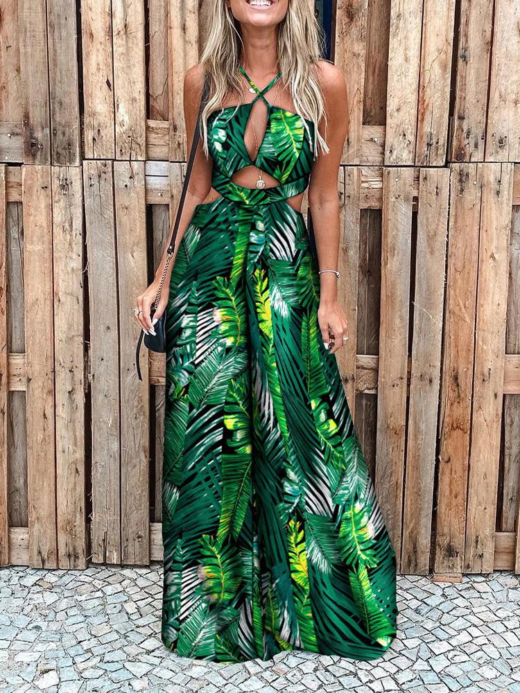 Fashion Printed Hollow Halter Wide-leg Jumpsuit for Women