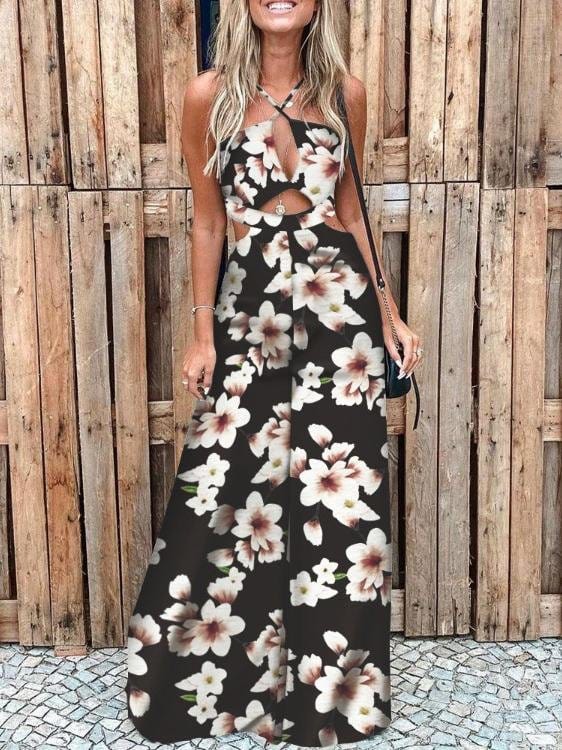 Fashion Printed Hollow Halter Wide-leg Jumpsuit for Women