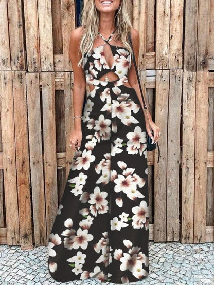 Fashion Printed Hollow Halter Wide-leg Jumpsuit for Women