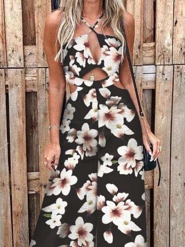 Fashion Printed Hollow Halter Wide-leg Jumpsuit for Women