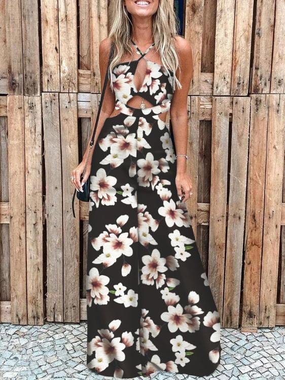 Fashion Printed Hollow Halter Wide-leg Jumpsuit for Women