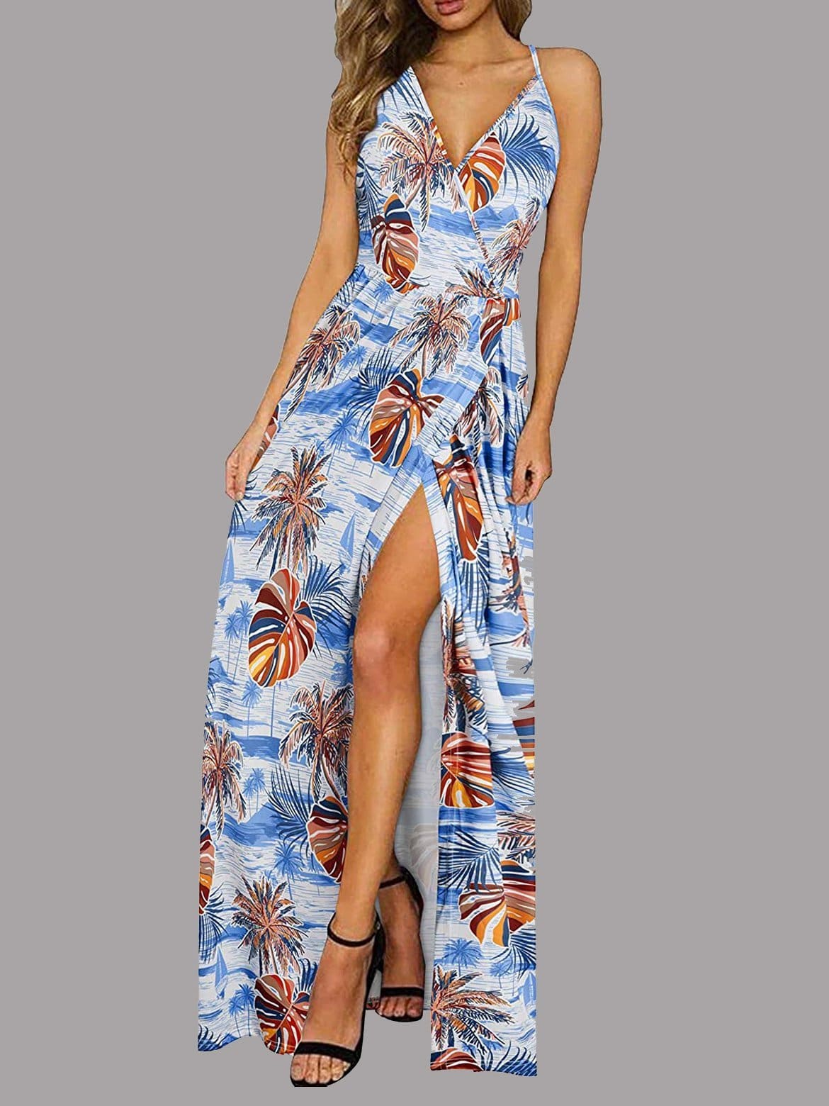 Fashion Printed Slit Suspender Skirt DRE2106110400LBLUS Light Blue / S
