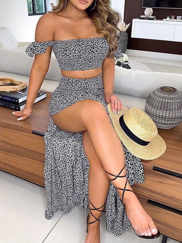 Fashion Printed Tube Top Split Two-piece Dress Set2106070002BLAS Black / S