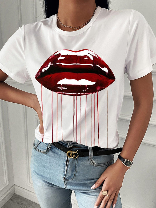 Fashion Red Lip Print Short Sleeve T-shirt TSH2107081394WHIS White / S