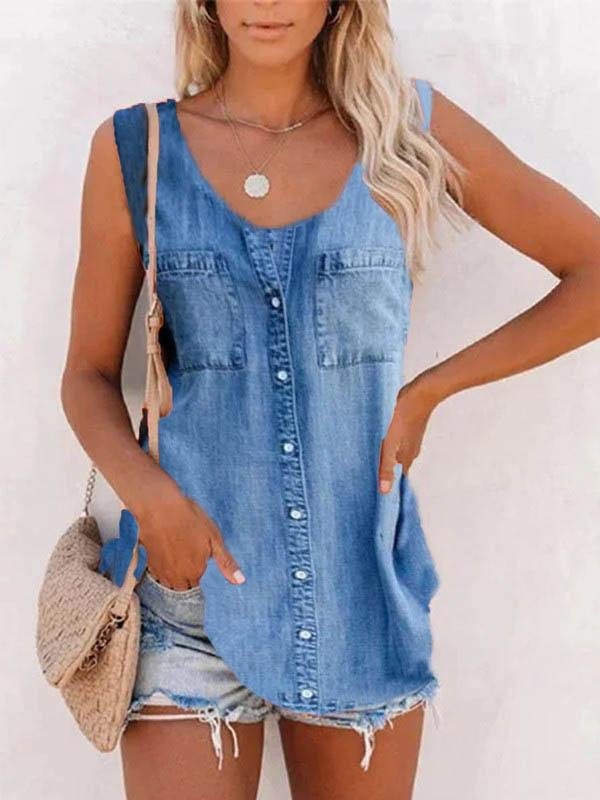 Fashion Retro Solid Sleeveless Vest TAN2106030035BLUS Blue / S