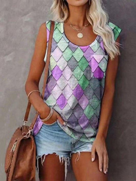 Fashion Rhombus Print Round Neck Sleeveless Top TSH2106080228PURS Purple / S