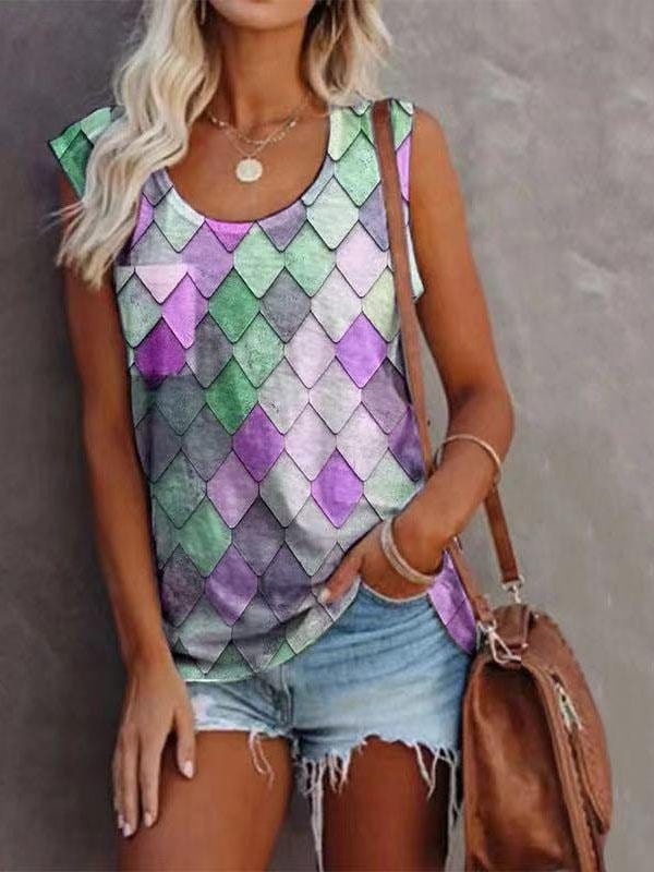 Fashion Rhombus Print Round Neck Sleeveless Top