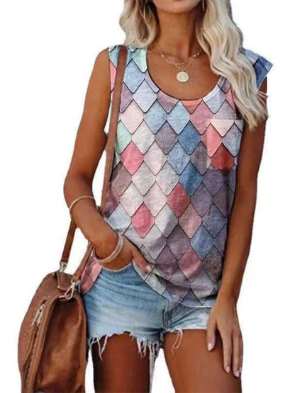 Fashion Rhombus Print Round Neck Sleeveless Top TSH2106080228PINS Pink / S