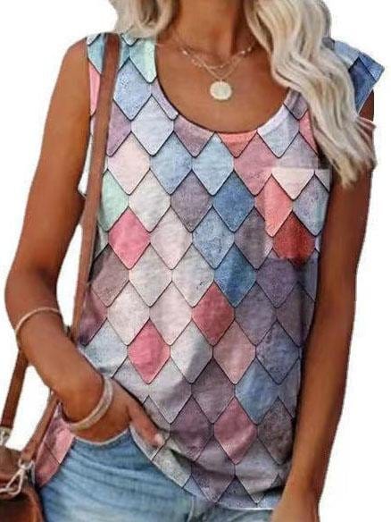 Fashion Rhombus Print Round Neck Sleeveless Top