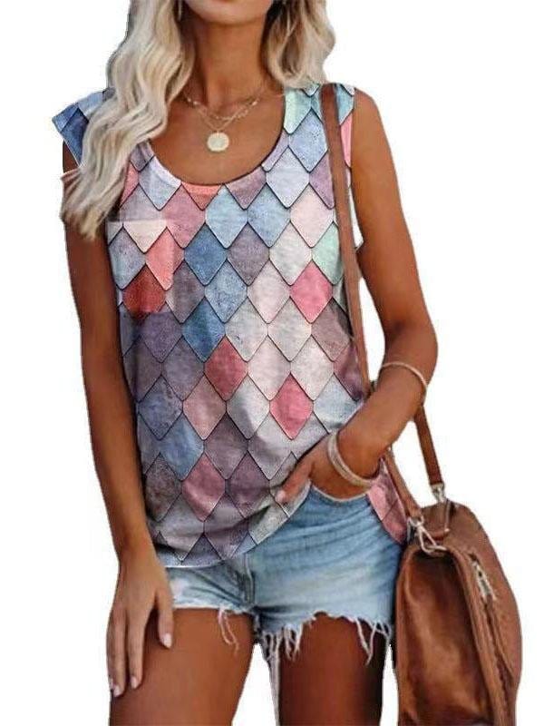 Fashion Rhombus Print Round Neck Sleeveless Top