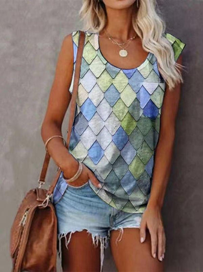 Fashion Rhombus Print Round Neck Sleeveless Top TSH2106080228BLUS Blue / S