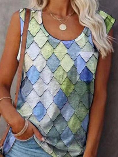 Fashion Rhombus Print Round Neck Sleeveless Top