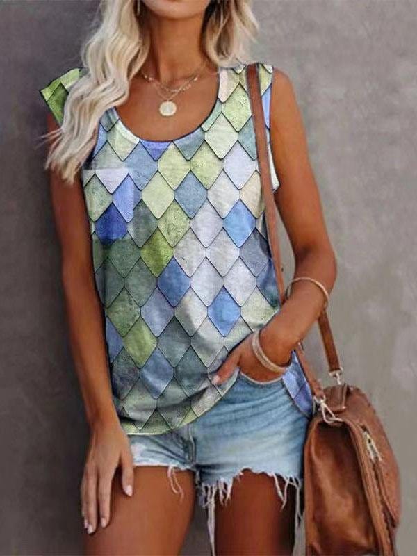 Fashion Rhombus Print Round Neck Sleeveless Top