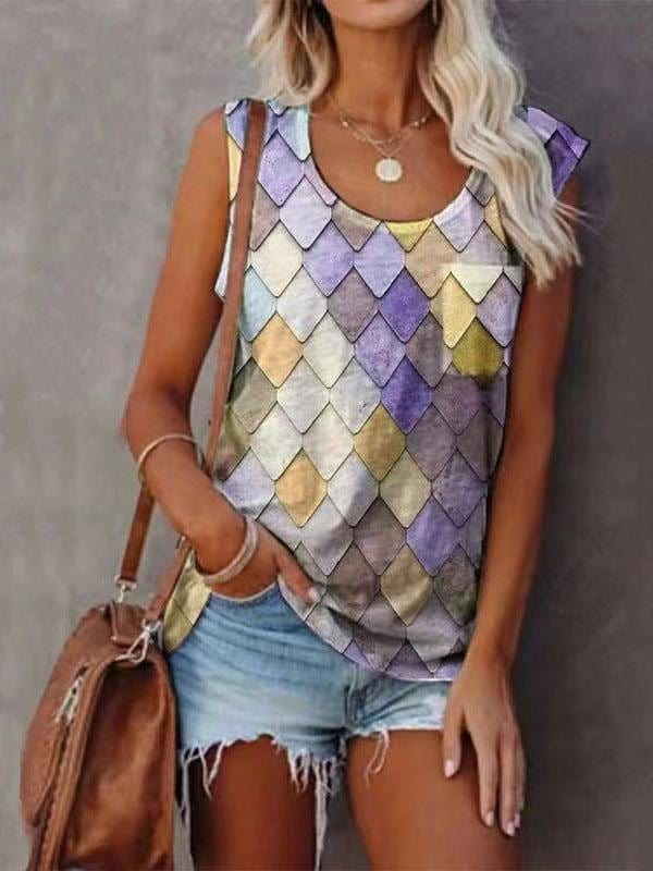 Fashion Rhombus Print Round Neck Sleeveless Top TSH2106080228YELS Yellow / S