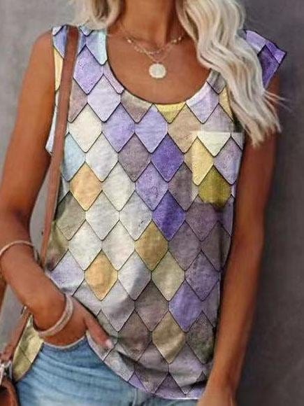 Fashion Rhombus Print Round Neck Sleeveless Top