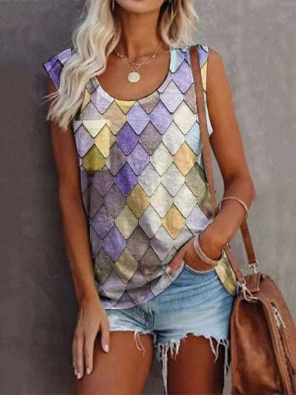 Fashion Rhombus Print Round Neck Sleeveless Top