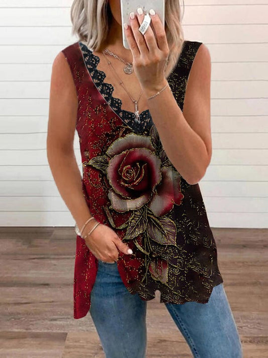 Fashion Rose Print V Neck Sleeveless Tank Top TAN210523190REDS Red / S