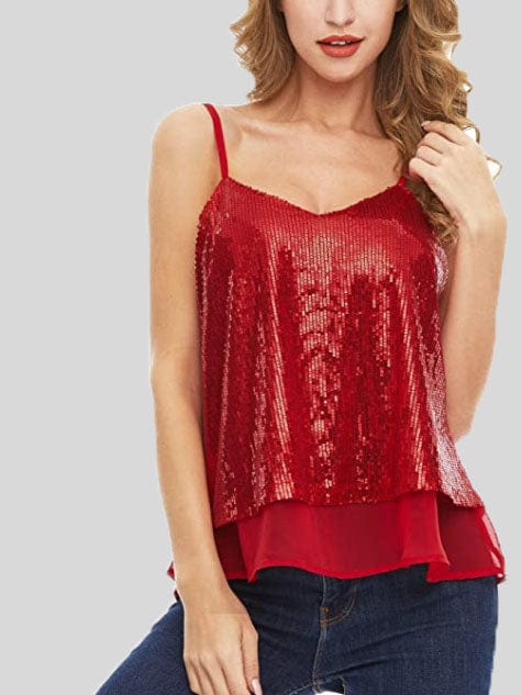 Fashion Sequined V-neck Sleeveless Vest TAN2106070107REDS Red / S