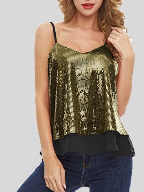 Fashion Sequined V-neck Sleeveless Vest TAN2106070107GOLS Gold / S