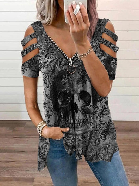 Fashion Skull Print V Neck Short Sleeve T-shirts TSH210523571GRAS Gray / S