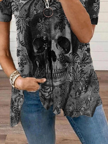 Fashion Skull Print V Neck Short Sleeve T-shirts