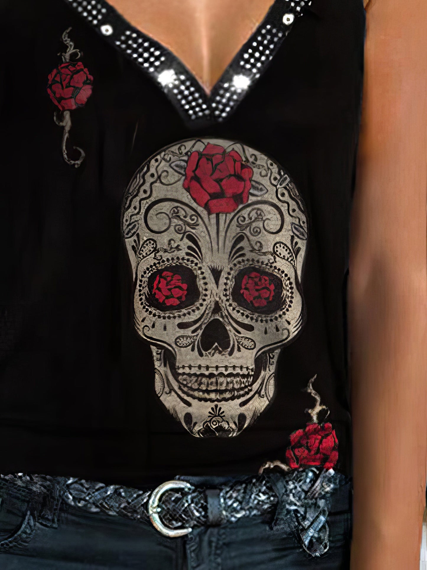 Fashion Skull Print V Neck Sleeveless Tank Top