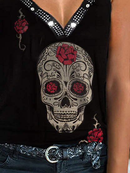 Fashion Skull Print V Neck Sleeveless Tank Top