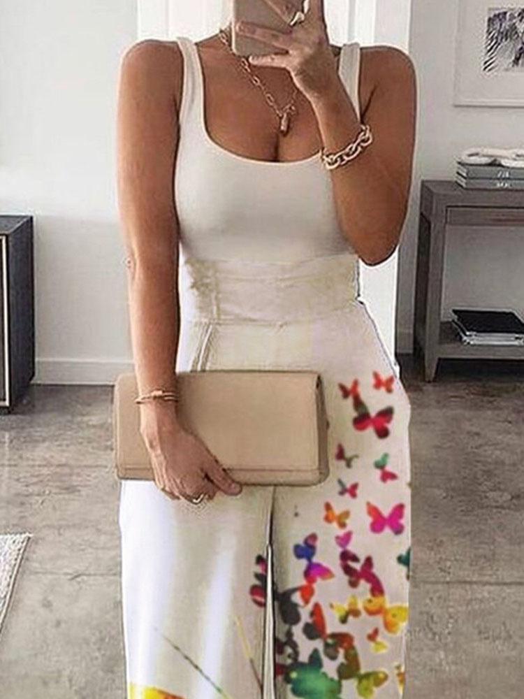 Fashion Sleeveless Printed High-waist Jumpsuit