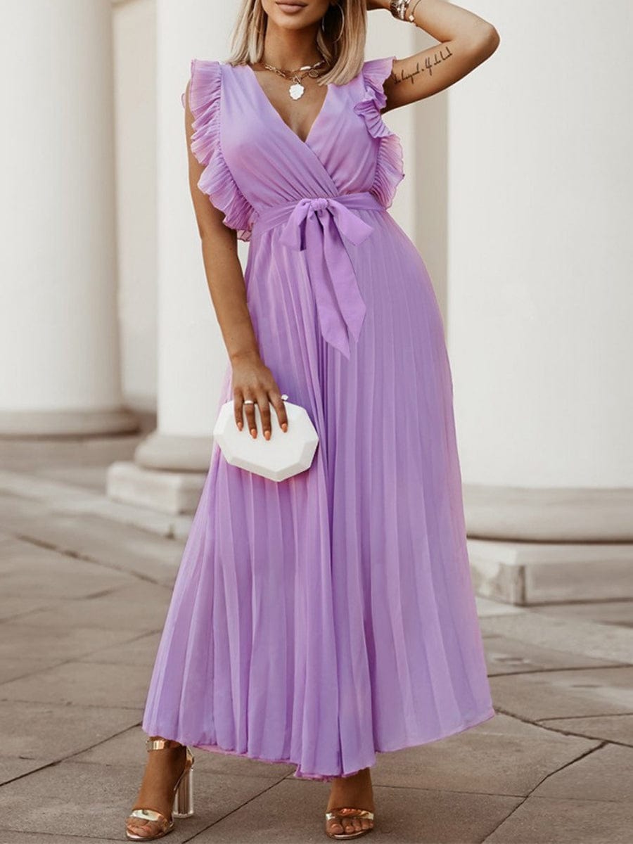 Fashion Slim Pleated Sexy And Elegant Pure Color Maxi Dress DRE2305260225PURS Purple / 2 (S)