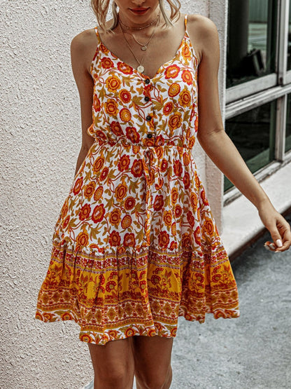 Fashion Sling Print V-neck Button Dress