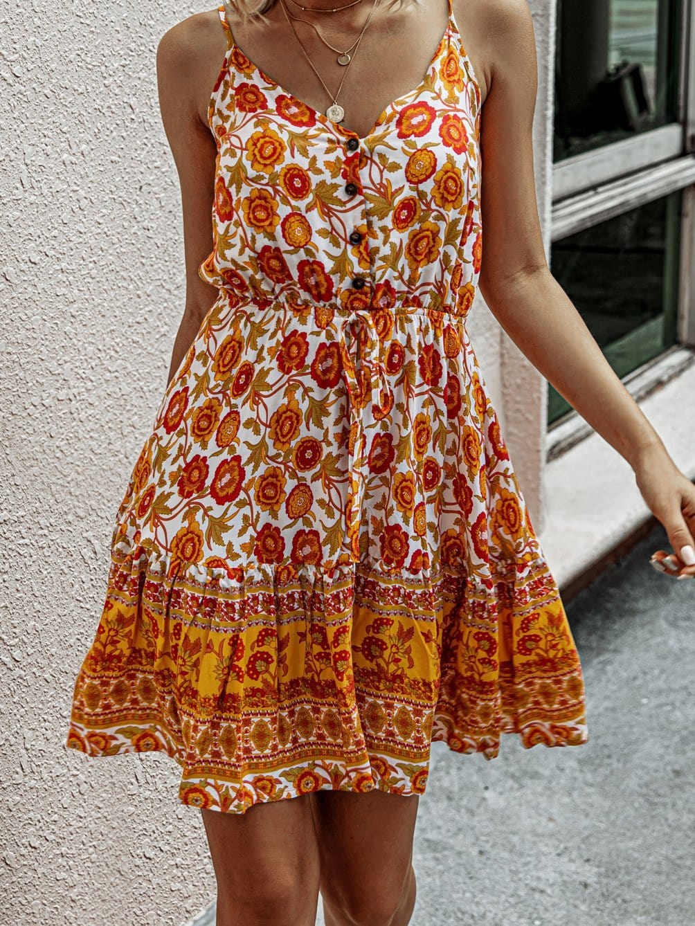 Fashion Sling Print V-neck Button Dress