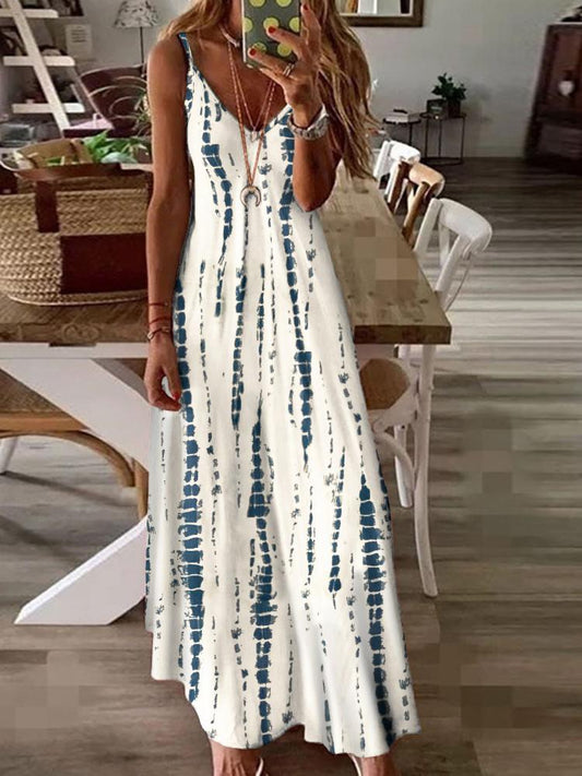 Fashion Sling Printed V Neck Sleeveless A-line Maxi Dress DRE2105201026WHIS White / S
