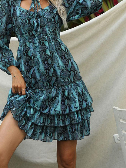 Fashion Snake Print Long Sleeve Mini Dress