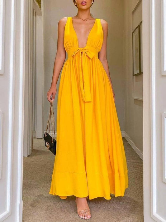 Fashion Solid Color Deep V Neck Backless Maxi Dress DRE2105201025YELL Yellow / L