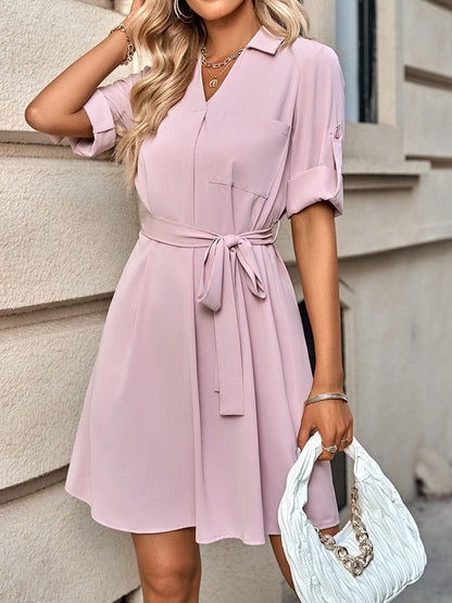 Fashion Solid Color Lapel Half Sleeve Mini Dress DRE2212235683PINS Pink / 2 (S)