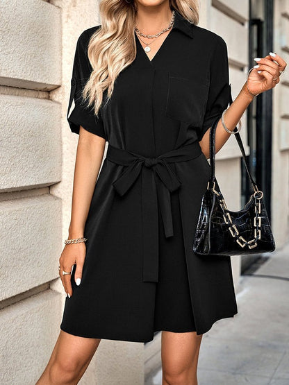 Fashion Solid Color Lapel Half Sleeve Mini Dress DRE2212235683BLAS Black / 2 (S)
