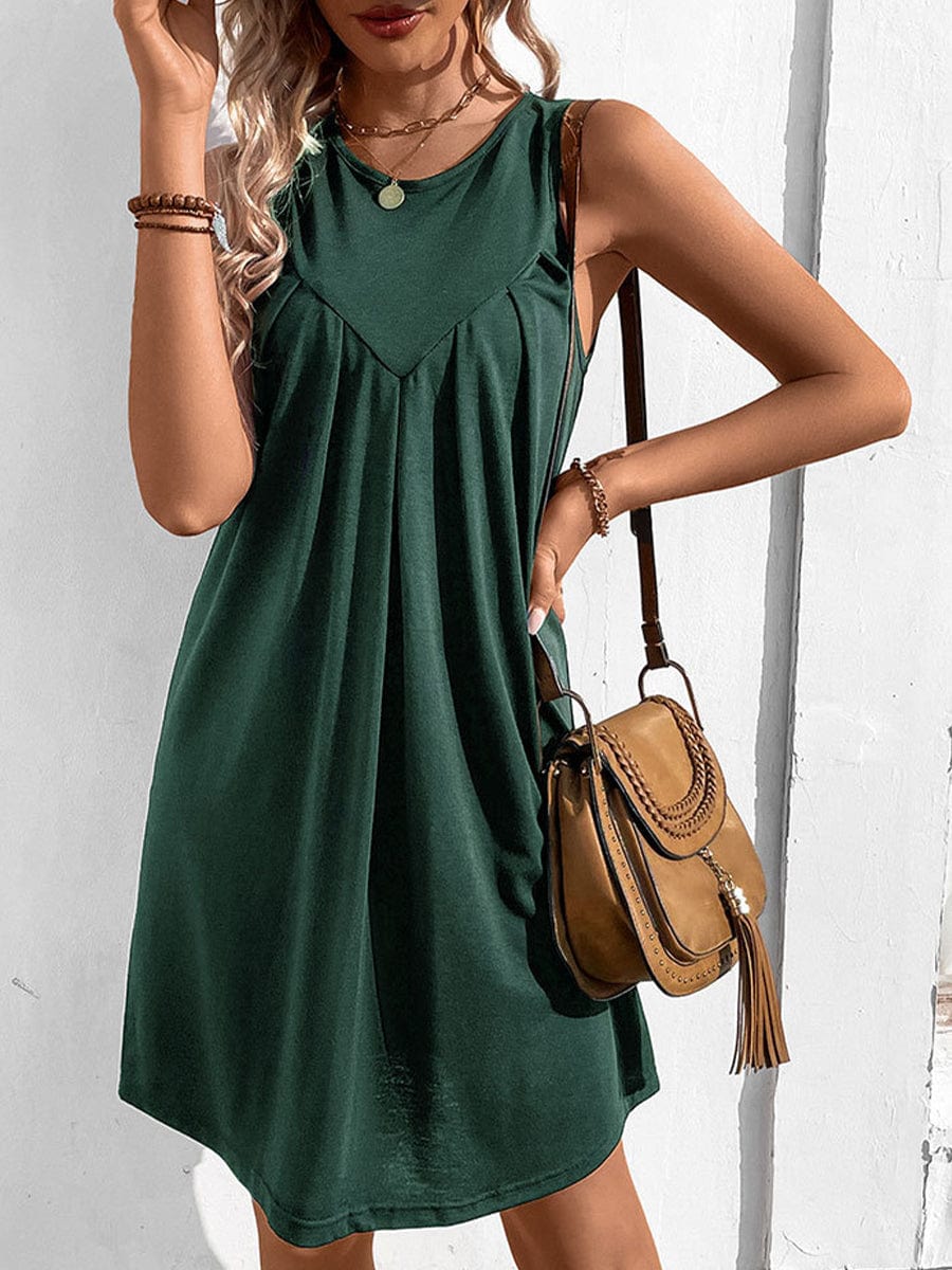 Fashion Solid Color Sleeveless Mini Dress DRE2304030126DGRS DarkGreen / 2 (S)