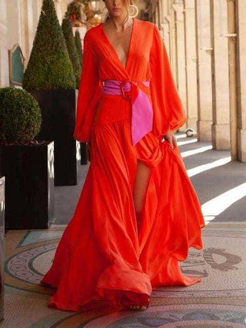 Fashion Solid Color V-neck Long-sleeved Dress DRE2106100343REDS Red / S