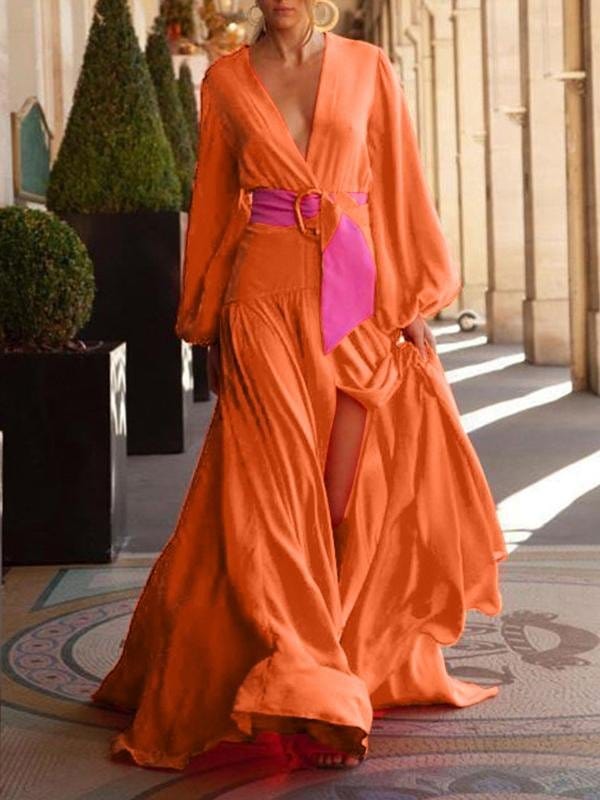 Fashion Solid Color V-neck Long-sleeved Dress DRE2106100343ORAS Orange / S