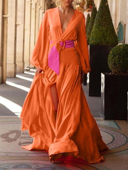 Fashion Solid Color V-neck Long-sleeved Dress