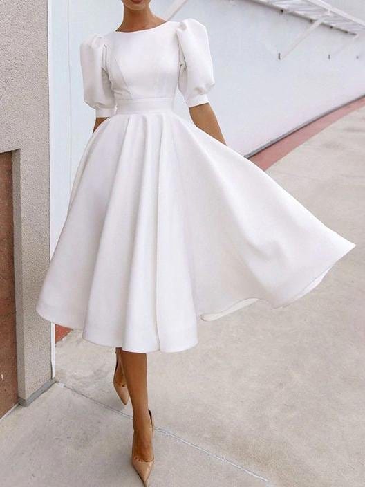 Fashion Solid Puff Mid Sleeve Big Swing Midi Dresses DRE2107061667WHIS White / S