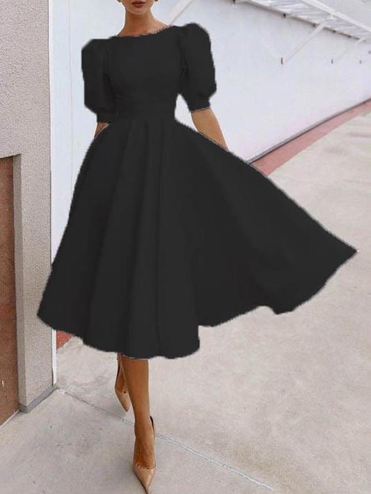 Fashion Solid Puff Mid Sleeve Big Swing Midi Dresses DRE2107061667BLAS Black / S