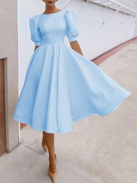 Fashion Solid Puff Mid Sleeve Big Swing Midi Dresses DRE2107061667BLUS Blue / S