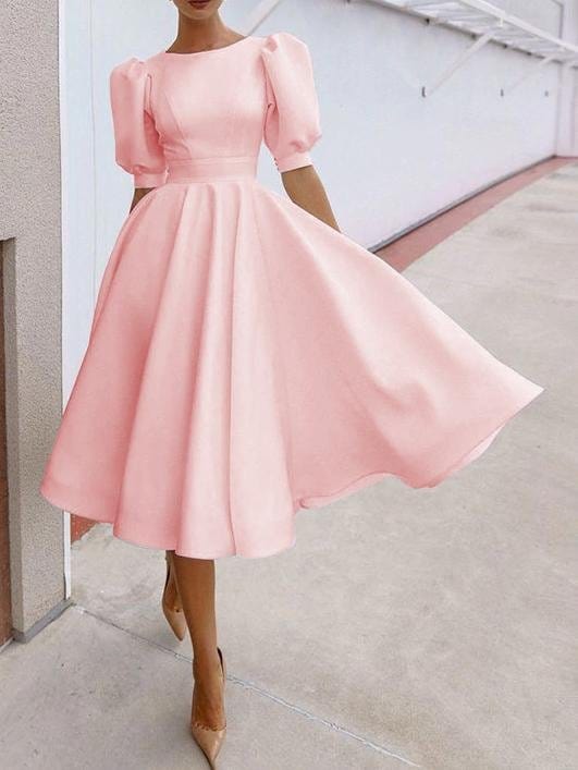 Fashion Solid Puff Mid Sleeve Big Swing Midi Dresses DRE2107061667PINS Pink / S