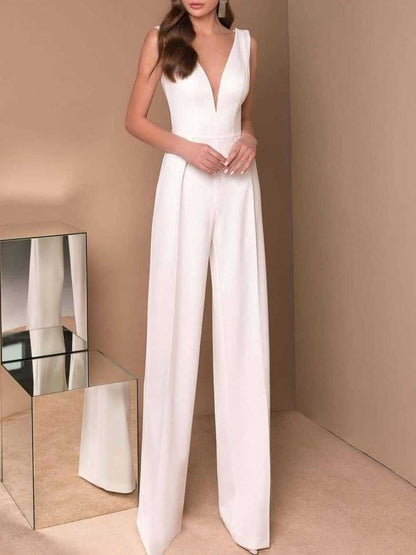 Fashion Solid V Neck Sleeveless Laced Back Jumpsuits for Women